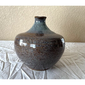 Signed Studio Pottery Bud Vase Drip Glazed 6" Gray Brown Artisan Made